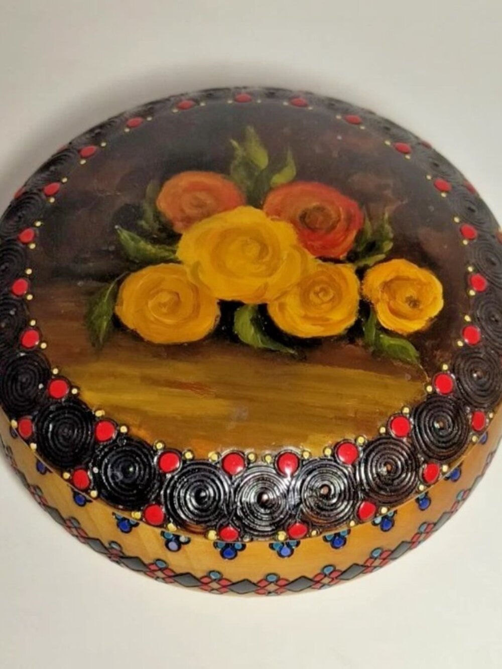 Vintage Romanian Turned Wood Lidded Bowl 6" Folk Art Aradul Nou Hand Painted